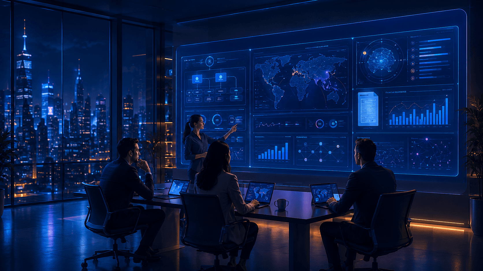 Team collaborating around a data-analytics dashboard in a modern office at night
